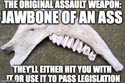 Original assault weapon: Jawbone of an ass | THE ORIGINAL ASSAULT WEAPON:; JAWBONE OF AN ASS; THEY'LL EITHER HIT YOU WITH IT OR USE IT TO PASS LEGISLATION | image tagged in democrats,assault weapon,legislation | made w/ Imgflip meme maker