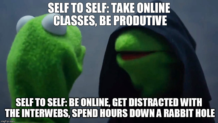 Kermit Inner Me | SELF TO SELF: TAKE ONLINE CLASSES, BE PRODUTIVE; SELF TO SELF: BE ONLINE, GET DISTRACTED WITH THE INTERWEBS, SPEND HOURS DOWN A RABBIT HOLE | image tagged in kermit inner me | made w/ Imgflip meme maker