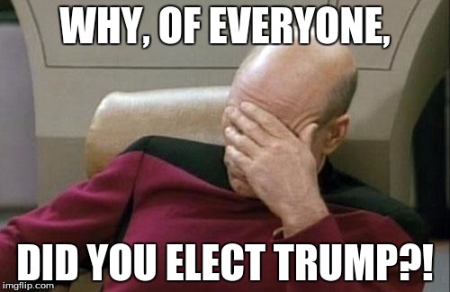Captain Picard Facepalm Meme | WHY, OF EVERYONE, DID YOU ELECT TRUMP?! | image tagged in memes,captain picard facepalm | made w/ Imgflip meme maker