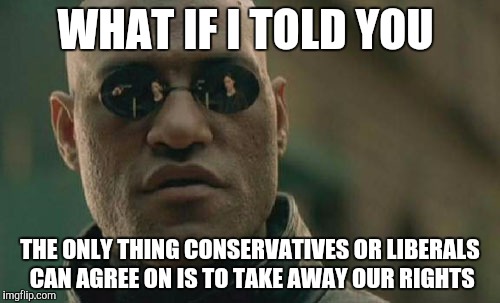 Matrix Morpheus Meme | WHAT IF I TOLD YOU THE ONLY THING CONSERVATIVES OR LIBERALS CAN AGREE ON IS TO TAKE AWAY OUR RIGHTS | image tagged in memes,matrix morpheus | made w/ Imgflip meme maker