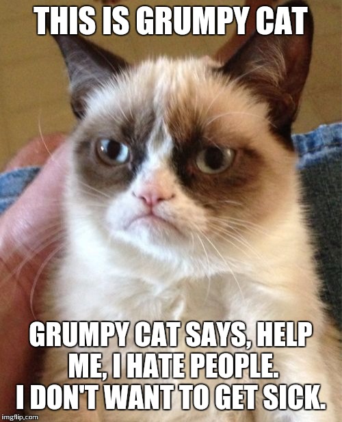 This is Grumpy Cat.  | THIS IS GRUMPY CAT; GRUMPY CAT SAYS, HELP ME, I HATE PEOPLE. I DON'T WANT TO GET SICK. | image tagged in memes,grumpy cat | made w/ Imgflip meme maker