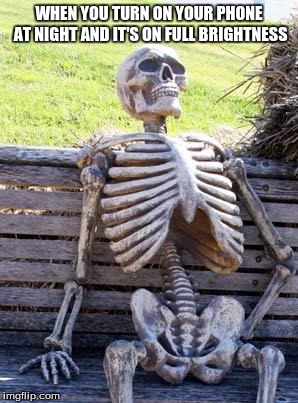 Waiting Skeleton Meme | WHEN YOU TURN ON YOUR PHONE AT NIGHT AND IT'S ON FULL BRIGHTNESS | image tagged in memes,waiting skeleton | made w/ Imgflip meme maker