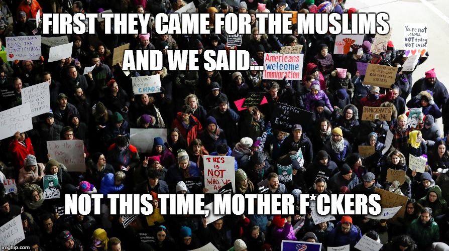 FIRST THEY CAME FOR THE MUSLIMS; AND WE SAID... NOT THIS TIME, MOTHER F*CKERS | image tagged in not this time | made w/ Imgflip meme maker