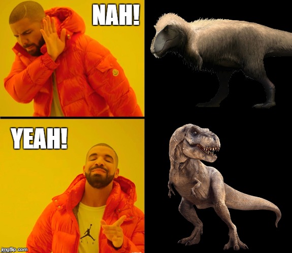 Drake agrees Scales Over Feathers! | NAH! YEAH! | image tagged in scales,feathers,funny memes,memes,jurassic park trex,drake hotline approves | made w/ Imgflip meme maker