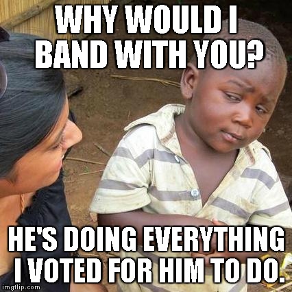 Third World Skeptical Kid Meme | WHY WOULD I BAND WITH YOU? HE'S DOING EVERYTHING I VOTED FOR HIM TO DO. | image tagged in memes,third world skeptical kid | made w/ Imgflip meme maker