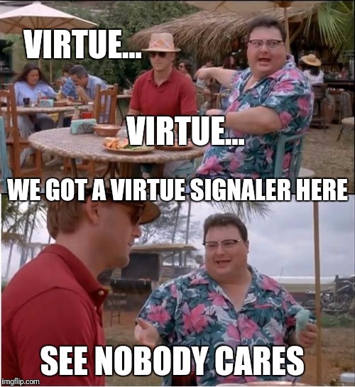 I'm Virtues  | VIRTUE... VIRTUE... WE GOT A VIRTUE SIGNALER HERE; SEE NOBODY CARES | image tagged in memes,see nobody cares,liberal logic,political correctness,white privilege,college liberal | made w/ Imgflip meme maker