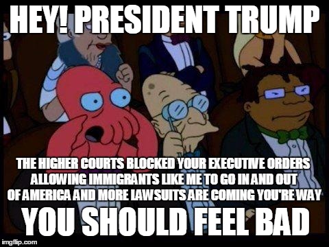 You Should Feel Bad Zoidberg Meme | HEY! PRESIDENT TRUMP; THE HIGHER COURTS BLOCKED YOUR EXECUTIVE ORDERS ALLOWING IMMIGRANTS LIKE ME TO GO IN AND OUT OF AMERICA AND MORE LAWSUITS ARE COMING YOU'RE WAY; YOU SHOULD FEEL BAD | image tagged in memes,you should feel bad zoidberg | made w/ Imgflip meme maker