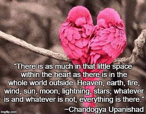 Heart | “There is as much in that little space within the heart as there is in the whole world outside. Heaven, earth, fire, wind, sun, moon, lightning, stars; whatever is and whatever is not, everything is there.”; ~Chandogya Upanishad | image tagged in chandogya upanishad,birds,wings,love,heaven,earth | made w/ Imgflip meme maker