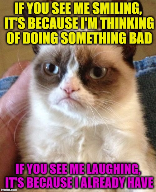 Grumpy Cat Meme | IF YOU SEE ME SMILING, IT'S BECAUSE I'M THINKING OF DOING SOMETHING BAD; IF YOU SEE ME LAUGHING, IT'S BECAUSE I ALREADY HAVE | image tagged in memes,grumpy cat | made w/ Imgflip meme maker