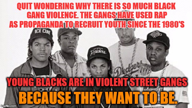 QUIT WONDERING WHY THERE IS SO MUCH BLACK GANG VIOLENCE. THE GANGS HAVE USED RAP AS PROPAGANDA TO RECRUIT YOUTH SINCE THE 1980'S; YOUNG BLACKS ARE IN VIOLENT STREET GANGS; BECAUSE THEY WANT TO BE. | image tagged in gangsta rap | made w/ Imgflip meme maker