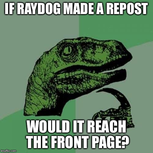 Philosoraptor | IF RAYDOG MADE A REPOST; WOULD IT REACH THE FRONT PAGE? | image tagged in memes,philosoraptor | made w/ Imgflip meme maker