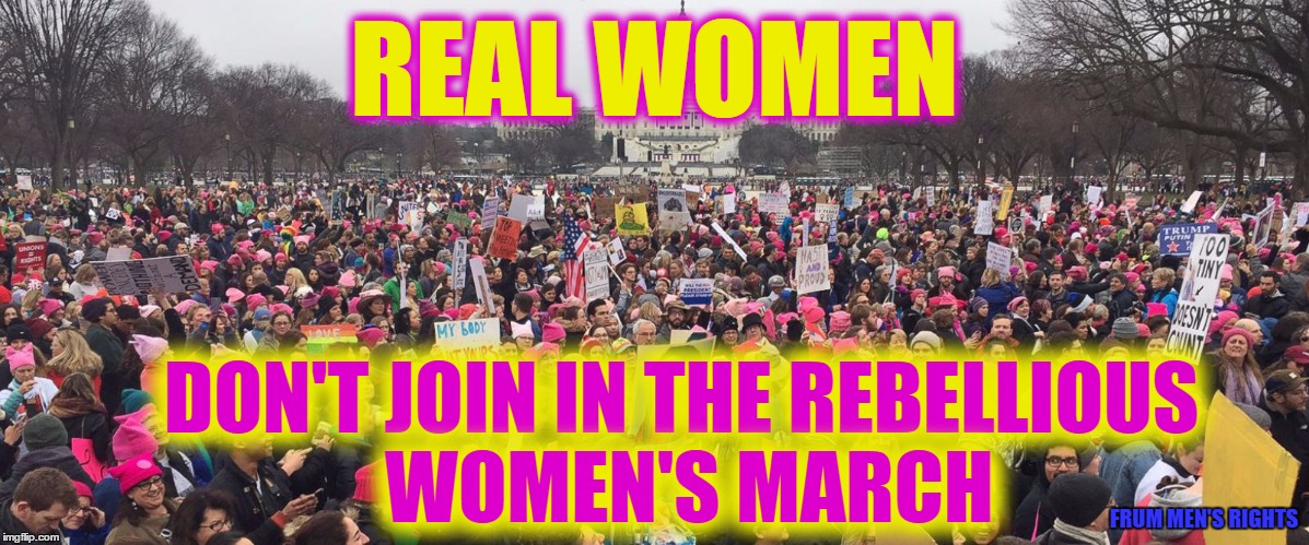 Women's march | REAL WOMEN; DON'T JOIN IN THE REBELLIOUS WOMEN'S MARCH; FRUM MEN'S RIGHTS | image tagged in women's march | made w/ Imgflip meme maker