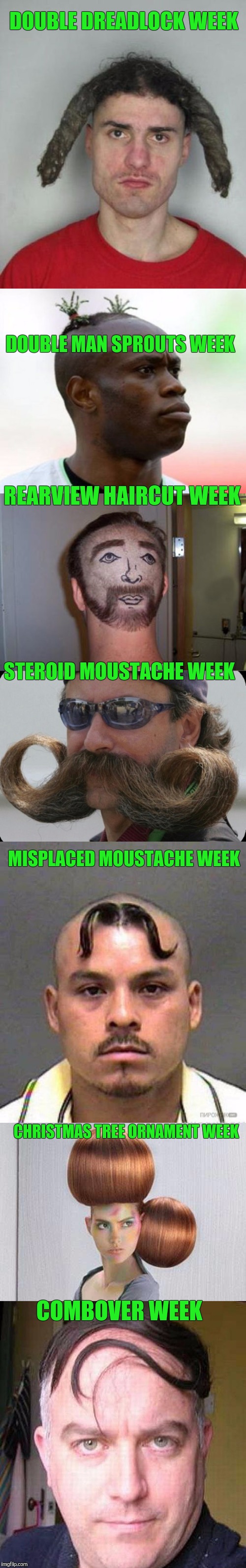 Here is a suggested list for the next 7 sponsored weeks on imgflip.  Feel free to add or subtract anything. | DOUBLE DREADLOCK WEEK; DOUBLE MAN SPROUTS WEEK; REARVIEW HAIRCUT WEEK; STEROID MOUSTACHE WEEK; MISPLACED MOUSTACHE WEEK; CHRISTMAS TREE ORNAMENT WEEK; COMBOVER WEEK | image tagged in funny haircut,combover creeper,moustache,imgflip,memes,white guy dreadlocks | made w/ Imgflip meme maker