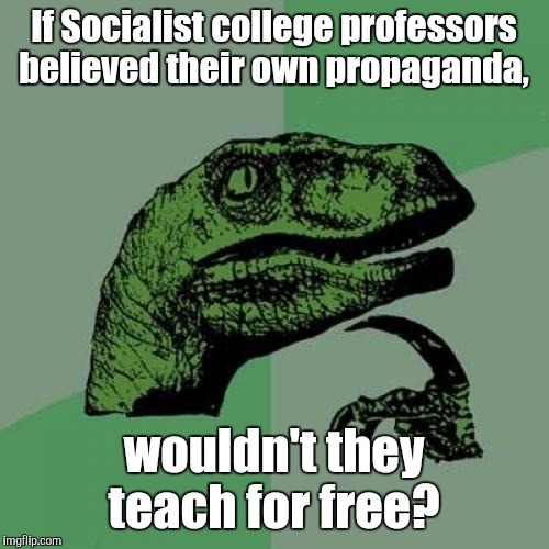 Philosoraptor Meme | If Socialist college professors believed their own propaganda, wouldn't they teach for free? | image tagged in memes,philosoraptor | made w/ Imgflip meme maker