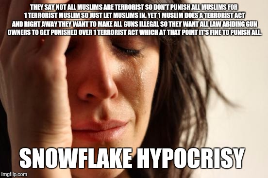 First World Problems Meme | THEY SAY NOT ALL MUSLIMS ARE TERRORIST SO DON'T PUNISH ALL MUSLIMS FOR 1 TERRORIST MUSLIM SO JUST LET MUSLIMS IN. YET 1 MUSLIM DOES A TERRORIST ACT AND RIGHT AWAY THEY WANT TO MAKE ALL GUNS ILLEGAL SO THEY WANT ALL LAW ABIDING GUN OWNERS TO GET PUNISHED OVER 1 TERRORIST ACT WHICH AT THAT POINT IT'S FINE TO PUNISH ALL. SNOWFLAKE HYPOCRISY | image tagged in memes,first world problems | made w/ Imgflip meme maker