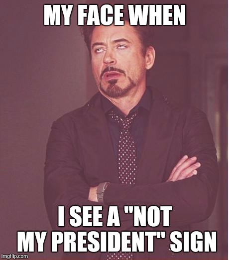 Face You Make Robert Downey Jr Meme | MY FACE WHEN; I SEE A "NOT MY PRESIDENT" SIGN | image tagged in memes,face you make robert downey jr | made w/ Imgflip meme maker