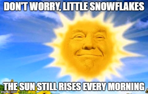 Something trigger you today, snowflake? | DON'T WORRY, LITTLE SNOWFLAKES; THE SUN STILL RISES EVERY MORNING | image tagged in trumpsunny,trump meme,memes | made w/ Imgflip meme maker