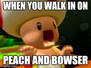 Toad is traumitized | WHEN YOU WALK IN ON; PEACH AND BOWSER | image tagged in mario,mario toad | made w/ Imgflip meme maker
