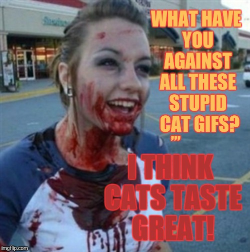 Psycho Nympho | WHAT HAVE YOU AGAINST ALL THESE STUPID  CAT GIFS? I THINK CATS TASTE GREAT! ,,, | image tagged in psycho nympho | made w/ Imgflip meme maker