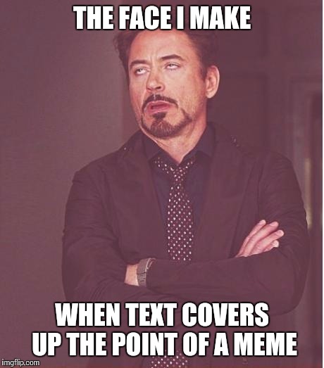 Face You Make Robert Downey Jr Meme | THE FACE I MAKE WHEN TEXT COVERS UP THE POINT OF A MEME | image tagged in memes,face you make robert downey jr | made w/ Imgflip meme maker