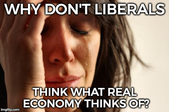 First World Problems Meme | WHY DON'T LIBERALS; THINK WHAT REAL ECONOMY THINKS OF? | image tagged in memes,first world problems | made w/ Imgflip meme maker