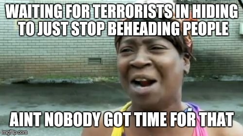 Ain't Nobody Got Time For That Meme | WAITING FOR TERRORISTS IN HIDING TO JUST STOP BEHEADING PEOPLE AINT NOBODY GOT TIME FOR THAT | image tagged in memes,aint nobody got time for that | made w/ Imgflip meme maker