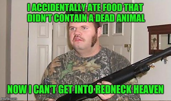 I ACCIDENTALLY ATE FOOD THAT DIDN'T CONTAIN A DEAD ANIMAL NOW I CAN'T GET INTO REDNECK HEAVEN | made w/ Imgflip meme maker