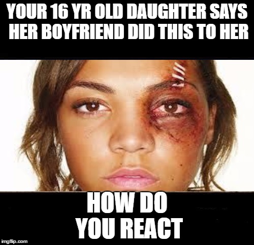 I'd pay him a little visit and then probably spend a little time at the gray bar motel | YOUR 16 YR OLD DAUGHTER SAYS HER BOYFRIEND DID THIS TO HER; HOW DO YOU REACT | image tagged in abuse | made w/ Imgflip meme maker