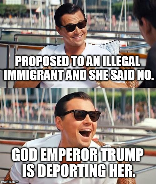 Thank you, Based God Emperor Trump! | PROPOSED TO AN ILLEGAL IMMIGRANT AND SHE SAID NO. GOD EMPEROR TRUMP IS DEPORTING HER. | image tagged in memes,leonardo dicaprio wolf of wall street,donald trump approves,god emperor trump,deportation | made w/ Imgflip meme maker