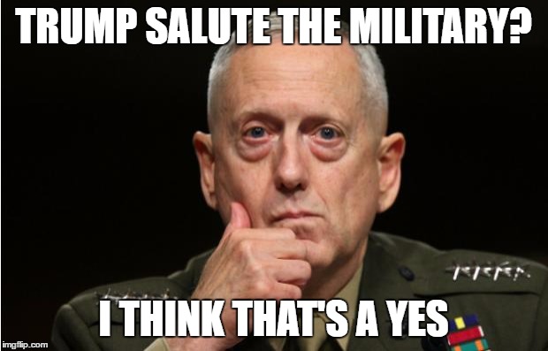 Trump Salutes the Military | TRUMP SALUTE THE MILITARY? I THINK THAT'S A YES | image tagged in general mattis is not impressed,trump | made w/ Imgflip meme maker