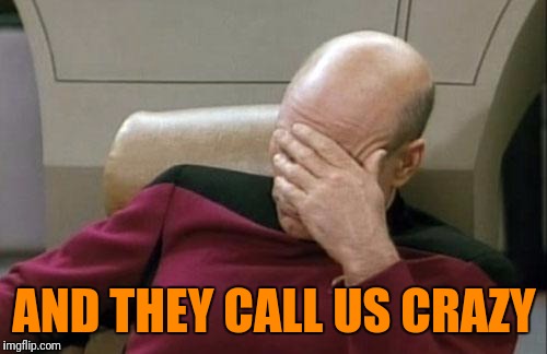 Captain Picard Facepalm Meme | AND THEY CALL US CRAZY | image tagged in memes,captain picard facepalm | made w/ Imgflip meme maker