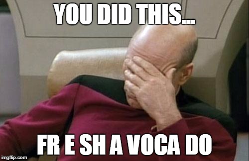 Captain Picard Facepalm Meme | YOU DID THIS... FR E SH A VOCA DO | image tagged in memes,captain picard facepalm | made w/ Imgflip meme maker