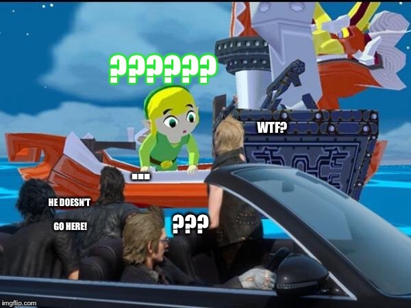 Wrong Fandom Link | ?????? WTF? ... HE DOESN'T GO HERE! ??? | image tagged in final fantasy,link,prompto,ignis,noctis,gladiolus | made w/ Imgflip meme maker