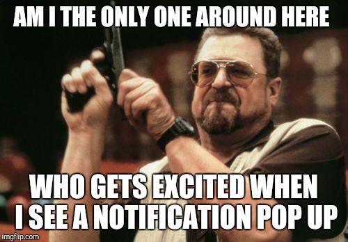 Am I The Only One Around Here Meme | AM I THE ONLY ONE AROUND HERE; WHO GETS EXCITED WHEN I SEE A NOTIFICATION POP UP | image tagged in memes,am i the only one around here | made w/ Imgflip meme maker