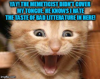 Excited Cat Meme | YAY! THE MEMETICIST DIDN'T COVER MY TONGUE. HE KNOWS I HATE THE TASTE OF BAD LITTERATURE IN HERE! | image tagged in memes,excited cat | made w/ Imgflip meme maker