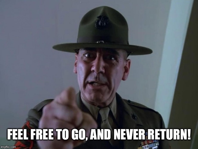 Feel free to go and never return!  | FEEL FREE TO GO, AND NEVER RETURN! | image tagged in r lee ermey,memes,full metal jacket,full metal jacket pointing at you,usmc | made w/ Imgflip meme maker