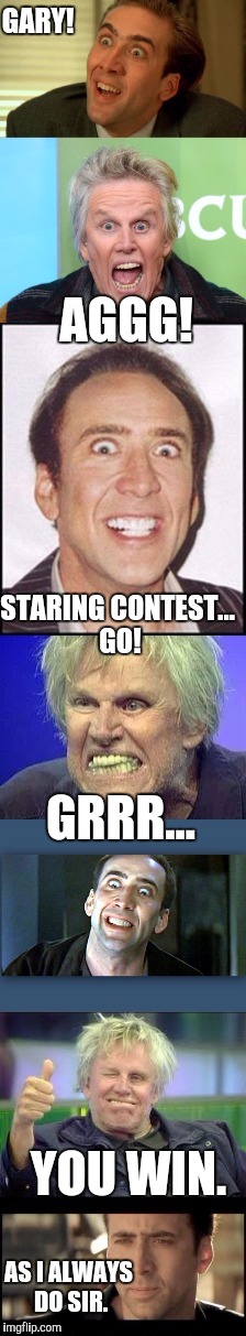 GARY! AGGG! STARING CONTEST... GO! GRRR... YOU WIN. AS I ALWAYS DO SIR. | image tagged in cage vs busey,memes,gary busey,nicolas cage | made w/ Imgflip meme maker