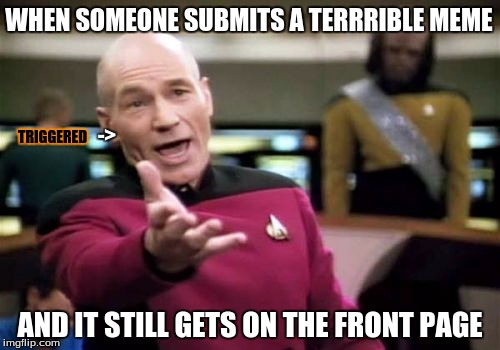 Picard Wtf Meme | WHEN SOMEONE SUBMITS A TERRRIBLE MEME; ->; TRIGGERED; AND IT STILL GETS ON THE FRONT PAGE | image tagged in memes,picard wtf | made w/ Imgflip meme maker