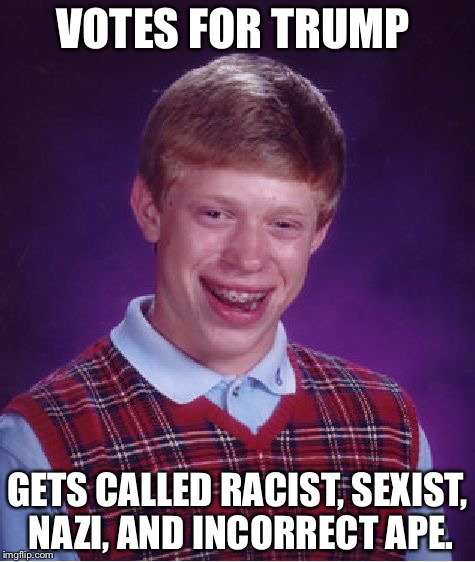 Bad Luck Brian | VOTES FOR TRUMP; GETS CALLED RACIST, SEXIST, NAZI, AND INCORRECT APE. | image tagged in memes,bad luck brian | made w/ Imgflip meme maker