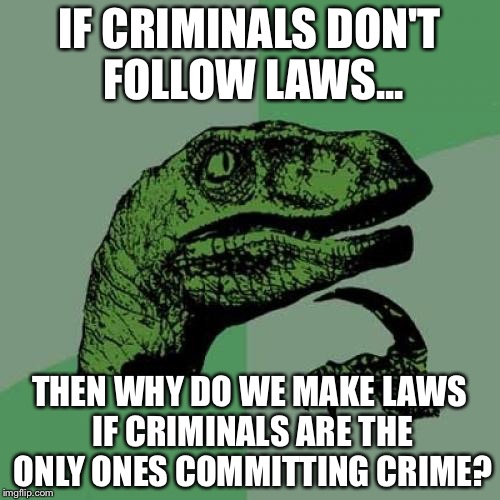 Philosoraptor's take on the Judicial System | IF CRIMINALS DON'T FOLLOW LAWS... THEN WHY DO WE MAKE LAWS IF CRIMINALS ARE THE ONLY ONES COMMITTING CRIME? | image tagged in memes,philosoraptor | made w/ Imgflip meme maker