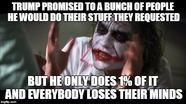 And everybody loses their minds | TRUMP PROMISED TO A BUNCH OF PEOPLE HE WOULD DO THEIR STUFF THEY REQUESTED; BUT HE ONLY DOES 1% OF IT AND EVERYBODY LOSES THEIR MINDS | image tagged in memes,and everybody loses their minds | made w/ Imgflip meme maker