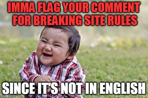 Evil Toddler Meme | IMMA FLAG YOUR COMMENT FOR BREAKING SITE RULES SINCE IT'S NOT IN ENGLISH | image tagged in memes,evil toddler | made w/ Imgflip meme maker