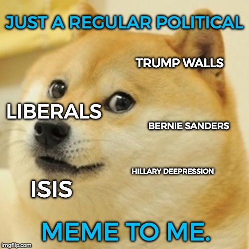Doge Meme | JUST A REGULAR POLITICAL; TRUMP WALLS; LIBERALS; BERNIE SANDERS; HILLARY DEEPRESSION; ISIS; MEME TO ME. | image tagged in memes,doge | made w/ Imgflip meme maker