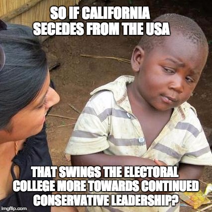 Third World Skeptical Kid Meme | SO IF CALIFORNIA SECEDES FROM THE USA; THAT SWINGS THE ELECTORAL COLLEGE MORE TOWARDS CONTINUED CONSERVATIVE LEADERSHIP? | image tagged in memes,third world skeptical kid | made w/ Imgflip meme maker