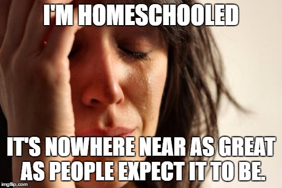 First World Problems Meme | I'M HOMESCHOOLED IT'S NOWHERE NEAR AS GREAT AS PEOPLE EXPECT IT TO BE. | image tagged in memes,first world problems | made w/ Imgflip meme maker