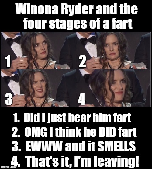 Winona Ryder at the Screen Actors Guild Awards | Winona Ryder and the four stages of a fart; 1                          2; 3                          4; 1.  Did I just hear him fart; 2.  OMG I think he DID fart; 3.  EWWW and it SMELLS; 4.  That's it, I'm leaving! | image tagged in memes,funny,winona ryder,fart,smells,celebrity | made w/ Imgflip meme maker