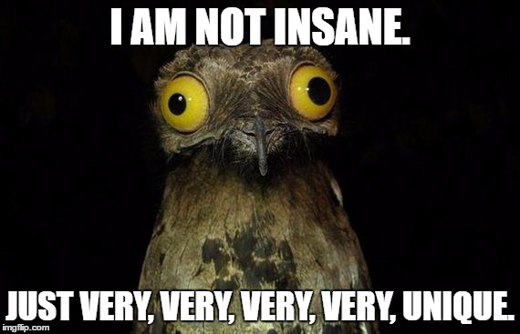 Weird Stuff I Do Potoo Meme | I AM NOT INSANE. JUST VERY, VERY, VERY, VERY, UNIQUE. | image tagged in memes,weird stuff i do potoo | made w/ Imgflip meme maker
