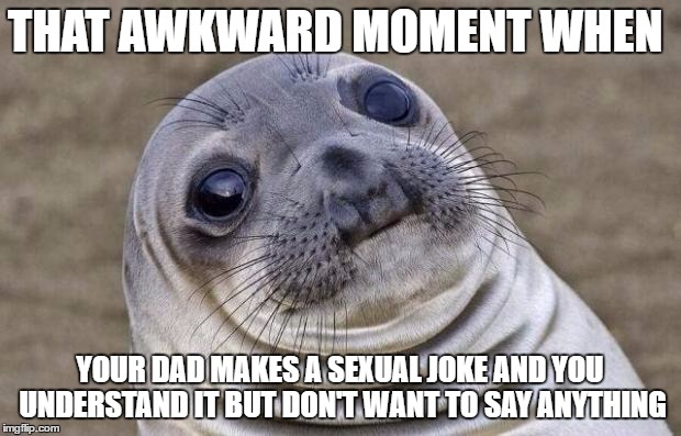 Awkward Moment Sealion | THAT AWKWARD MOMENT WHEN; YOUR DAD MAKES A SEXUAL JOKE AND YOU UNDERSTAND IT BUT DON'T WANT TO SAY ANYTHING | image tagged in memes,awkward moment sealion | made w/ Imgflip meme maker