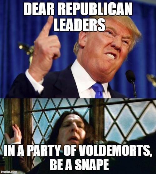 Donald Snape | DEAR REPUBLICAN LEADERS; IN A PARTY OF VOLDEMORTS, BE A SNAPE | image tagged in donald snape | made w/ Imgflip meme maker