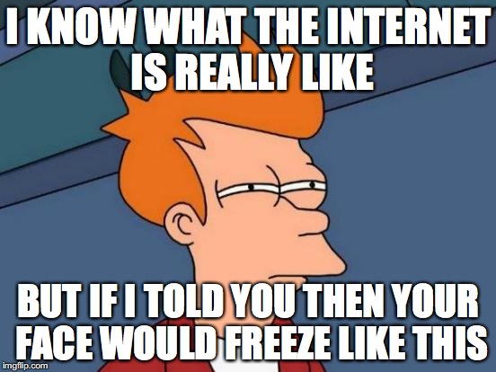 Futurama Fry | I KNOW WHAT THE INTERNET IS REALLY LIKE; BUT IF I TOLD YOU THEN YOUR FACE WOULD FREEZE LIKE THIS | image tagged in memes,futurama fry | made w/ Imgflip meme maker